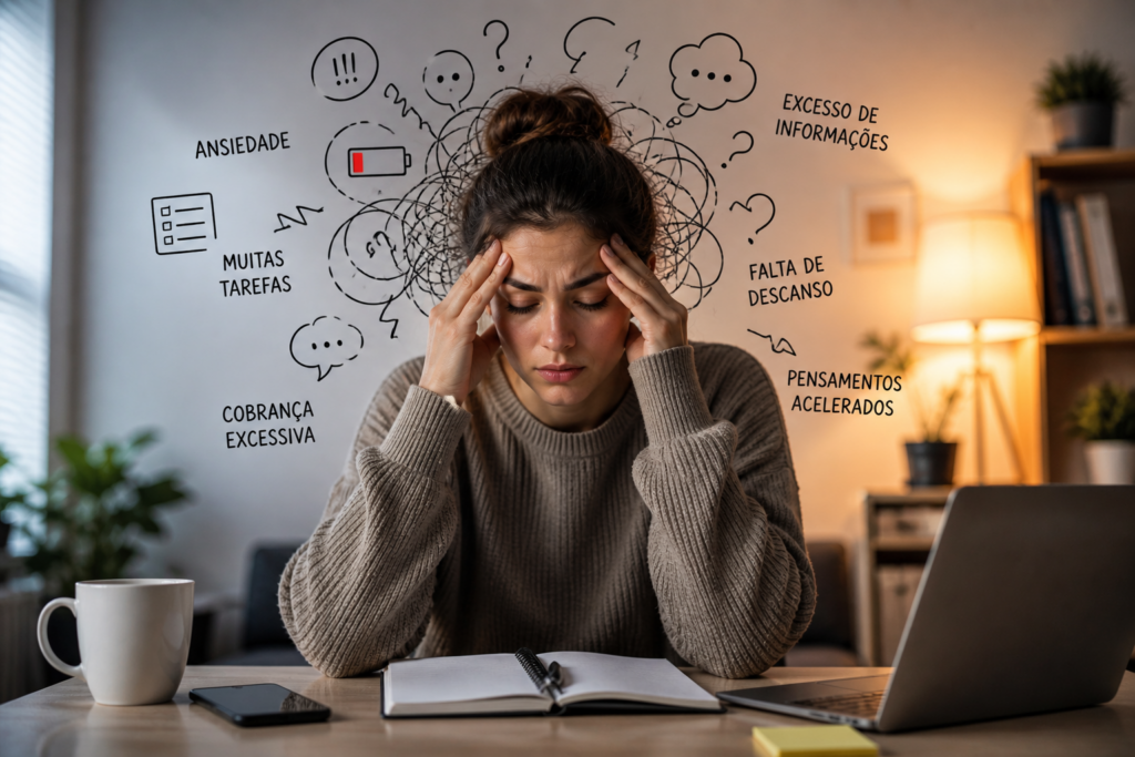 Mulher com sobrecarga mental no trabalho com expressão de estresse e pensamentos acelerados